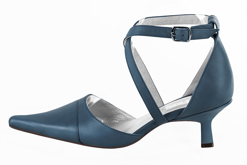 Denim blue women's open side shoes, with crossed straps. Pointed toe. Medium spool heels. Profile view - Florence KOOIJMAN
